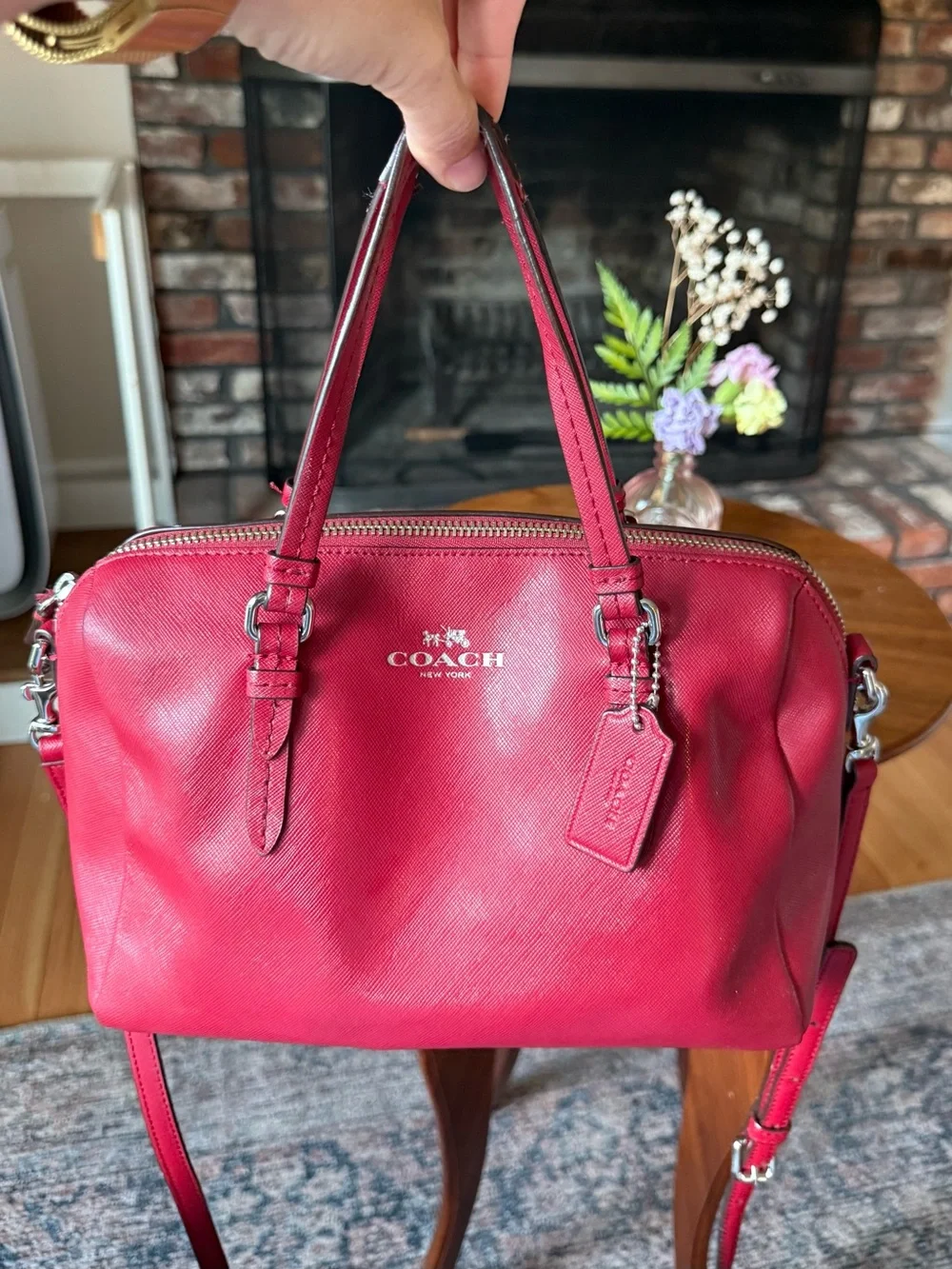 Coach Red Pebble Leather Satchel with Silver Hardware